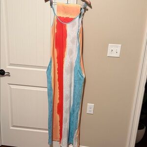 Colorblock One-Piece Dress in Coral, Blue & White with Matching Head Scarf